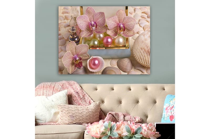 Canvastavla 70x100 cm - Vackra orkidéer och pärlor i en elegant ask - Ljusrosa / Grön / Pärlemorvit - Inredning - Tavlor & posters - Canvastavla