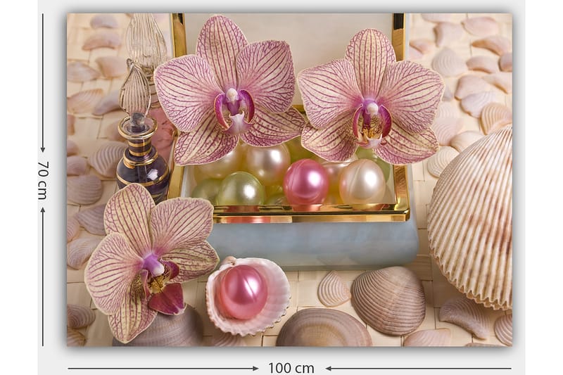 Canvastavla 70x100 cm - Vackra orkidéer och pärlor i en elegant ask - Ljusrosa / Grön / Pärlemorvit - Inredning - Tavlor & posters - Canvastavla