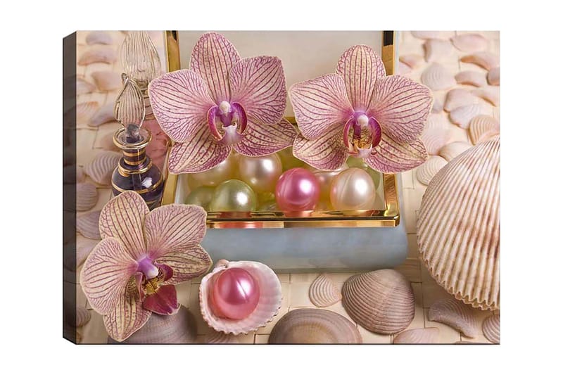 Canvastavla 70x100 cm - Vackra orkidéer och pärlor i en elegant ask, Ljusrosa / Grön / Pärlemorvit