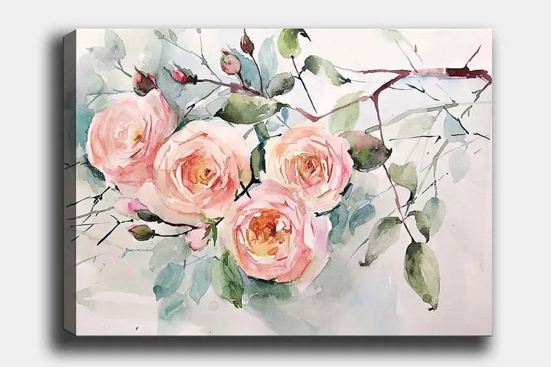 Canvastavla 70x100 cm - Vackra rosor i pastellfärger som blomstrar med grönska runtomkring, Ljusrosa / Grön / Gul