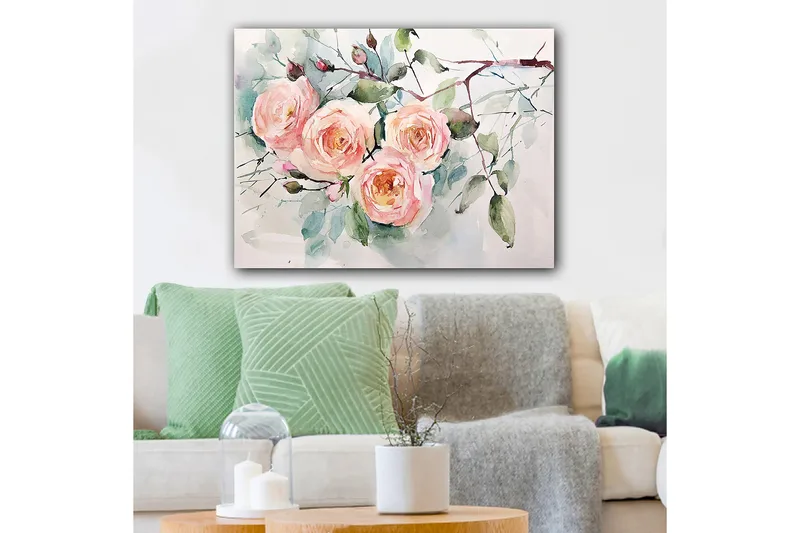Canvastavla 70x100 cm - Vackra rosor i pastellfärger som blomstrar med grönska runtomkring - Ljusrosa / Grön / Gul - Inredning - Tavlor & posters - Canvastavla