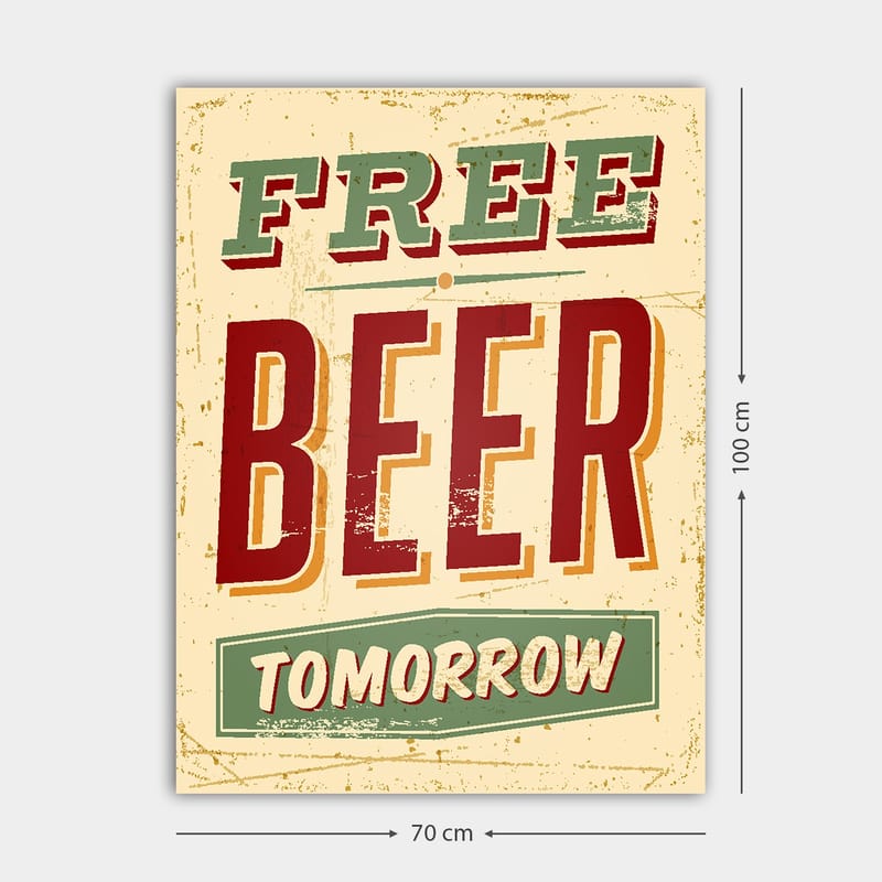Canvastavla 70x100 cm - Vintage affisch med texten FREE BEER TOMORROW i en lekfull och rustik stil - Röd / Grön / Beige - Inredning - Tavlor & posters - Canvastavla