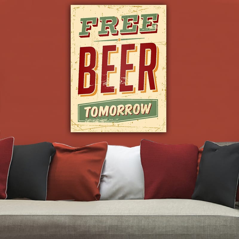 Canvastavla 70x100 cm - Vintage affisch med texten FREE BEER TOMORROW i en lekfull och rustik stil - Röd / Grön / Beige - Inredning - Tavlor & posters - Canvastavla