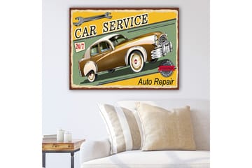 Canvastavla 70x100 cm - Vintage bil i rörelse med en retro stil, omgiven av text och verktygssymboler - Brun / Gul / Grön - Inredning - Tavlor & posters - Canvastavla