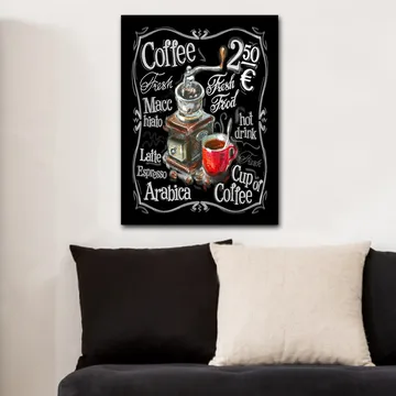 Canvastavla 70x100 cm - Vintage kaffekvarn med en röd kopp kaffe framför sig - Röd / Brun / Svart - Inredning - Tavlor & posters - Canvastavla