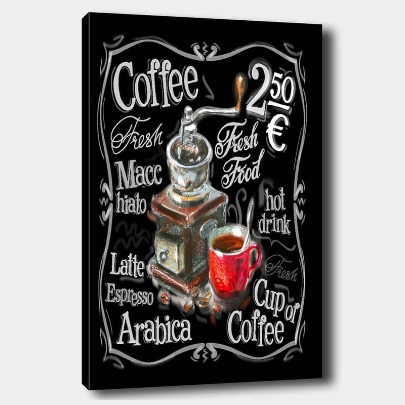 Canvastavla 70x100 cm - Vintage kaffekvarn med en röd kopp kaffe framför sig, Röd / Brun / Svart