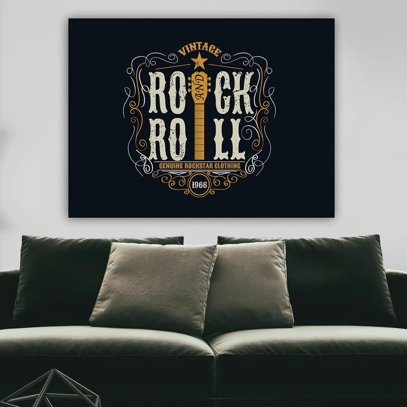 Canvastavla 70x100 cm - Vintage rock and roll-design med en gitarr och dekorativa element - Mörkblå / Beige / Vit - Inredning - Tavlor & posters - Canvastavla