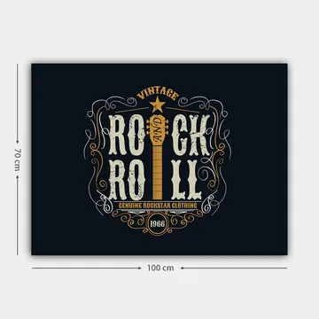 Canvastavla 70x100 cm - Vintage rock and roll-design med en gitarr och dekorativa element - Mörkblå / Beige / Vit - Inredning - Tavlor & posters - Canvastavla