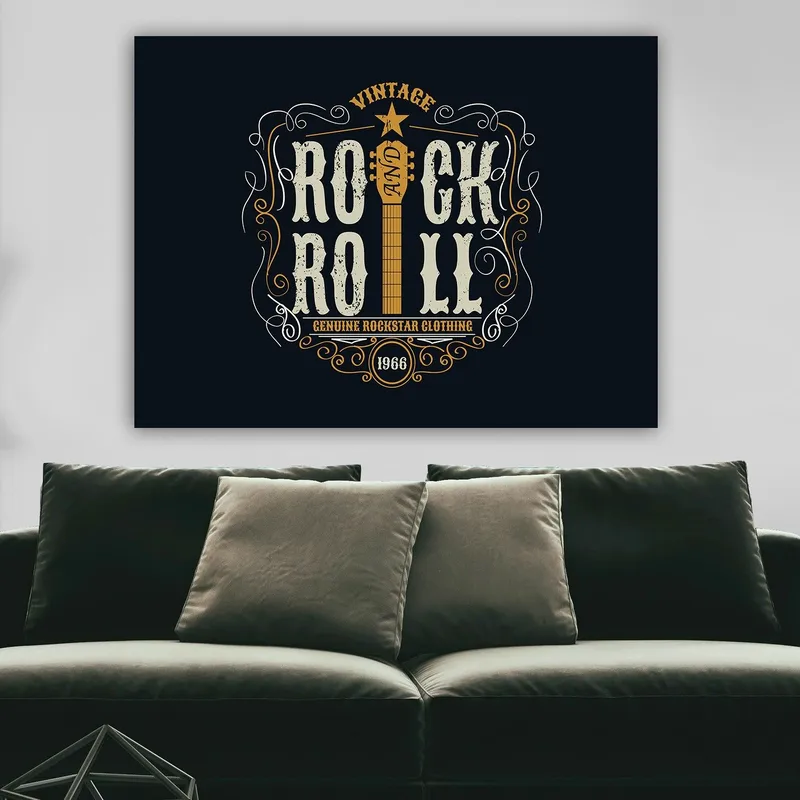 Canvastavla 70x100 cm - Vintage rock and roll-design med en gitarr och dekorativa element - Mörkblå / Beige / Vit - Inredning - Tavlor & posters - Canvastavla