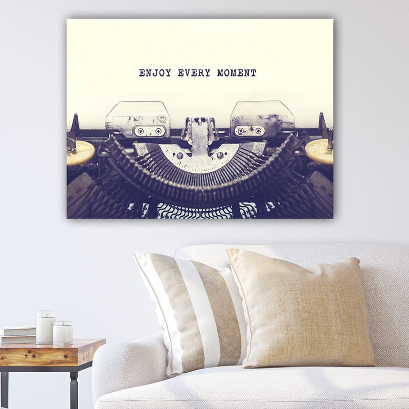 Canvastavla 70x100 cm - Vintage skrivmaskin med texten ENJOY EVERY MOMENT som huvudmotiv, Svart / Grå / Beige