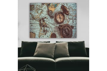 Canvastavla 70x100 cm - Vintage världskarta med kompasser och nycklar som huvudmotiv - Blå / Brun / Guld - Inredning - Tavlor & posters - Canvastavla