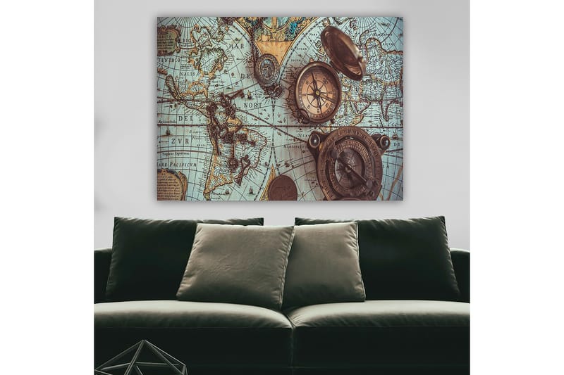 Canvastavla 70x100 cm - Vintage världskarta med kompasser och nycklar som huvudmotiv - Blå / Brun / Guld - Inredning - Tavlor & posters - Canvastavla