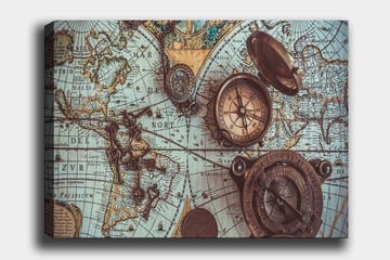 Canvastavla 70x100 cm - Vintage världskarta med kompasser och nycklar som huvudmotiv - Blå / Brun / Guld - Inredning - Tavlor & posters - Canvastavla