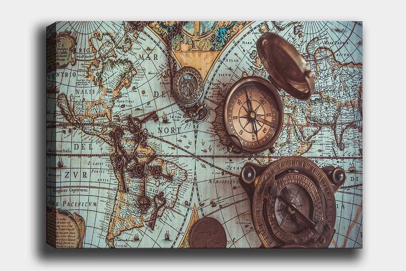 Canvastavla 70x100 cm - Vintage världskarta med kompasser och nycklar som huvudmotiv - Blå / Brun / Guld - Inredning - Tavlor & posters - Canvastavla