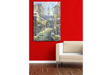 Canvastavla 70x100 cm - Vintergata omgiven av gamla byggnader med snö på taken - Gult / Blått / Vitt - Inredning - Tavlor & posters - Canvastavla