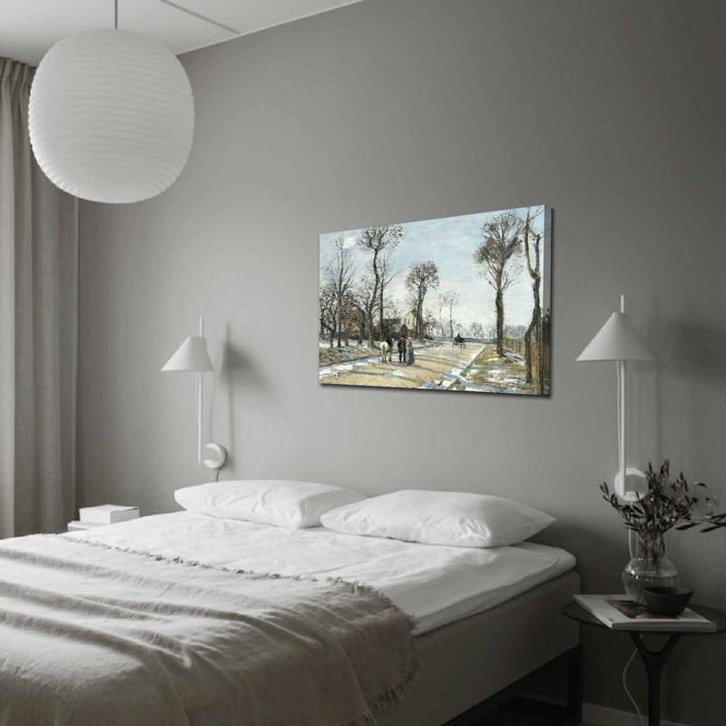 Canvastavla 70x100 cm - Vinterlandskap med människor som promenerar längs en snöig väg omgiven av träd - Grå / Vit / Brun - Inredning - Tavlor & posters - Canvastavla