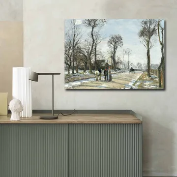 Canvastavla 70x100 cm - Vinterlandskap med människor som promenerar längs en snöig väg omgiven av träd - Grå / Vit / Brun - Inredning - Tavlor & posters - Canvastavla