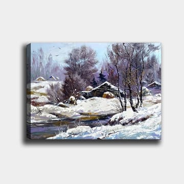 Canvastavla 70x100 cm - Vinterlandskap med snöklädda träd och en gammal stuga vid en stilla bäck - Vit / Ljusblå / Mörklila - Inredning - Tavlor & posters - Canvastavla