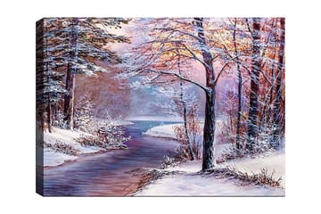 Canvastavla 70x100 cm - Vinterlandskap med snöklädda träd och en spegelblanka flod - Vit / Ljusblå / Ljusrosa - Inredning - Tavlor & posters - Canvastavla