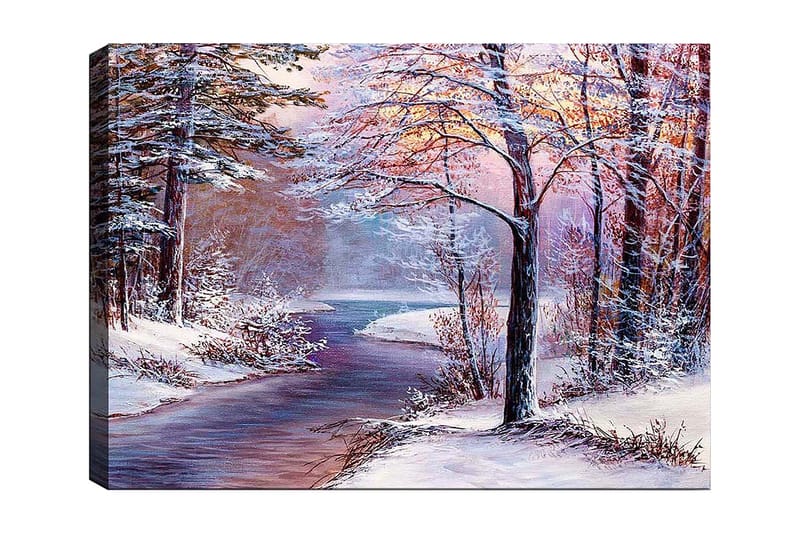 Canvastavla 70x100 cm - Vinterlandskap med snöklädda träd och en spegelblanka flod - Vit / Ljusblå / Ljusrosa - Inredning - Tavlor & posters - Canvastavla