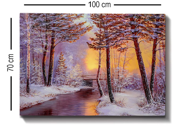 Canvastavla 70x100 cm - Vinterlandskap med snötäckta träd och en stilla flod i solnedgångens ljus - Vit / Orange / Brun - Inredning - Tavlor & posters - Canvastavla