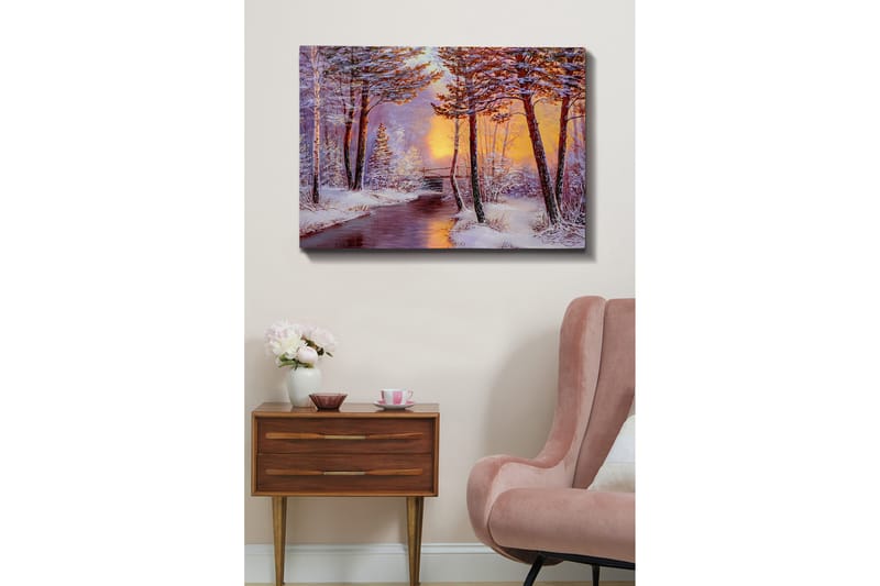 Canvastavla 70x100 cm - Vinterlandskap med snötäckta träd och en stilla flod i solnedgångens ljus - Vit / Orange / Brun - Inredning - Tavlor & posters - Canvastavla