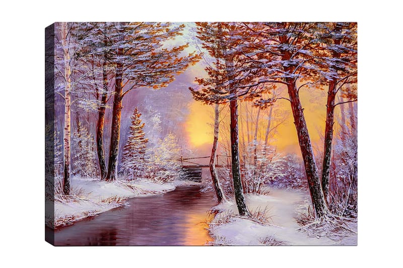 Canvastavla 70x100 cm - Vinterlandskap med snötäckta träd och en stilla flod i solnedgångens ljus, Vit / Orange / Brun