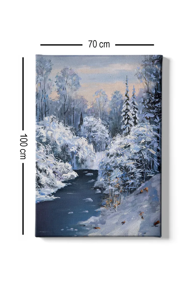 Canvastavla 70x100 cm - Vinterlandskap med snötäckta träd och en stilla flod - Vit / Blå / Grå - Inredning - Tavlor & posters - Canvastavla