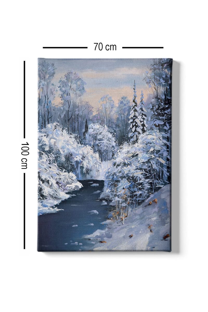 Canvastavla 70x100 cm - Vinterlandskap med snötäckta träd och en stilla flod - Vit / Blå / Grå - Inredning - Tavlor & posters - Canvastavla