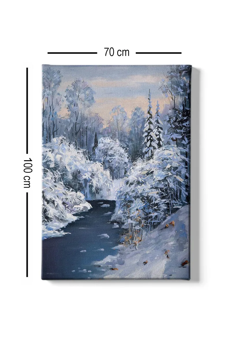 Canvastavla 70x100 cm - Vinterlandskap med snötäckta träd och en stilla flod - Vit / Blå / Grå - Inredning - Tavlor & posters - Canvastavla