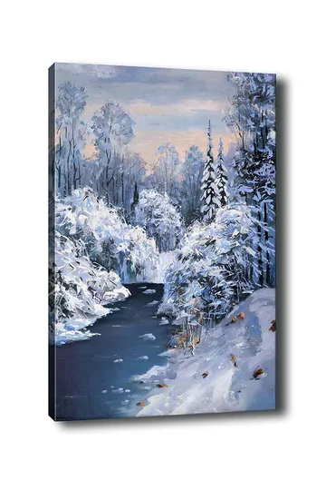 Canvastavla 70x100 cm - Vinterlandskap med snötäckta träd och en stilla flod - Vit / Blå / Grå - Inredning - Tavlor & posters - Canvastavla
