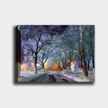 Canvastavla 70x100 cm - Vinterlandskap med snötäckta träd och en upplyst väg som skapar en magisk atmosfär - Blå / Vit / Orange - Inredning - Tavlor & posters - Canvastavla