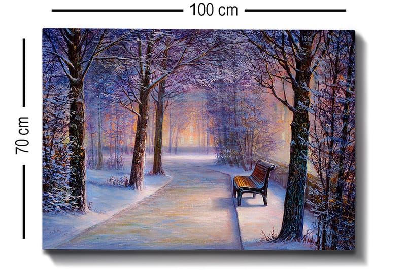 Canvastavla 70x100 cm - Vinterpromenad med snötäckta träd och en ensam bänk längs en stig - Blå / Vit / Grå - Inredning - Tavlor & posters - Canvastavla