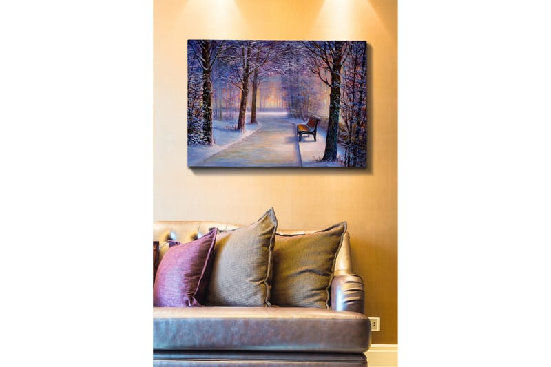 Canvastavla 70x100 cm - Vinterpromenad med snötäckta träd och en ensam bänk längs en stig, Blå / Vit / Grå