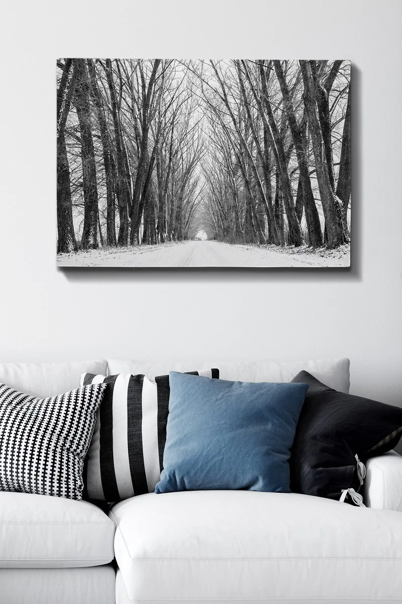 Canvastavla 70x100 cm - Vinterväg omgiven av nakna träd som skapar en stämningsfull och stillsam atmosfär - Svart / Vitt / Grått - Inredning - Tavlor & posters - Canvastavla