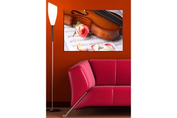 Canvastavla 70x100 cm - Violin med en ros och rosblad på ett notblad - Röd / Beige / Brun - Inredning - Tavlor & posters - Canvastavla