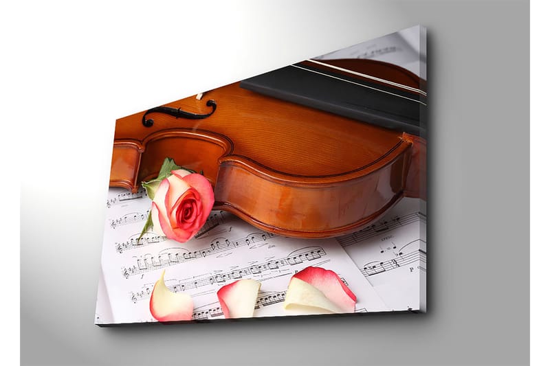 Canvastavla 70x100 cm - Violin med en ros och rosblad på ett notblad - Röd / Beige / Brun - Inredning - Tavlor & posters - Canvastavla