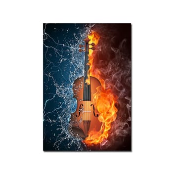 Canvastavla 70x100 cm - Violin som är omgiven av eld och vatten, vilket symboliserar kontrasten mellan elementen - Orange / Blå / Brun - Inredning - Tavlor & posters - Canvastavla