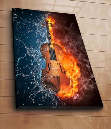 Canvastavla 70x100 cm - Violin som är omgiven av eld och vatten, vilket symboliserar kontrasten mellan elementen - Orange / Blå / Brun - Inredning - Tavlor & posters - Canvastavla