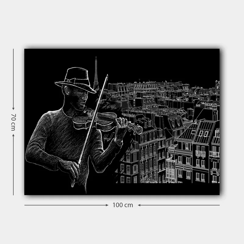 Canvastavla 70x100 cm - Violinist spelar musik mot en stadssilhuett med Eiffeltornet i bakgrunden - Svart / Vit - Inredning - Tavlor & posters - Canvastavla