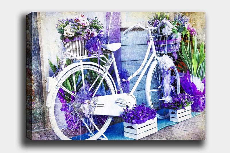 Canvastavla 70x100 cm - Vit cykel dekorerad med blommor och lila detaljer, Lila / Vit