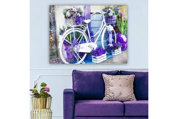 Canvastavla 70x100 cm - Vit cykel dekorerad med blommor och lila detaljer - Lila / Vit - Inredning - Tavlor & posters - Canvastavla