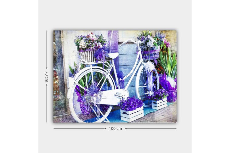 Canvastavla 70x100 cm - Vit cykel dekorerad med blommor och lila detaljer - Lila / Vit - Inredning - Tavlor & posters - Canvastavla