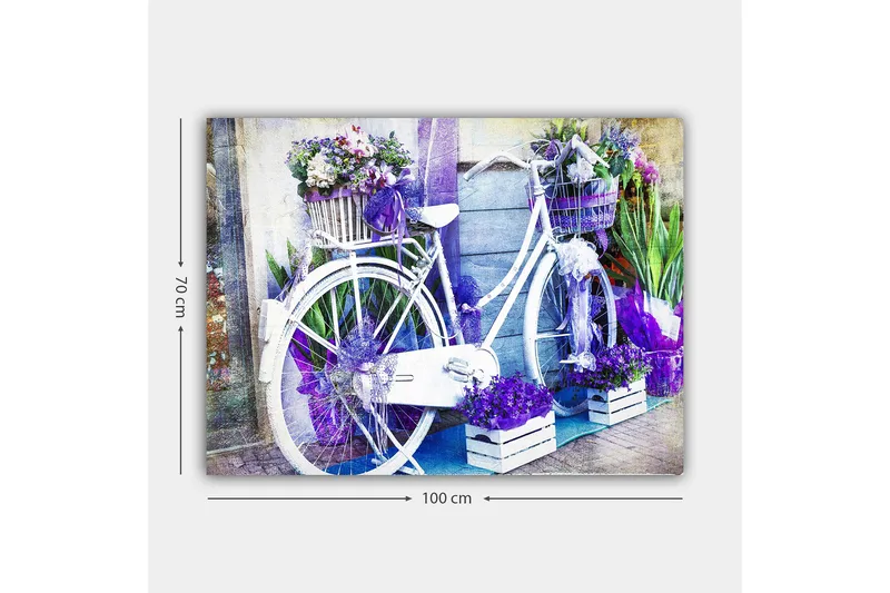 Canvastavla 70x100 cm - Vit cykel dekorerad med blommor och lila detaljer - Lila / Vit - Inredning - Tavlor & posters - Canvastavla