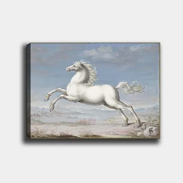 Canvastavla 70x100 cm - Vit häst som hoppar framåt i en naturskön landskapsmiljö - Vit / Ljusblå / Beige - Inredning - Tavlor & posters - Canvastavla