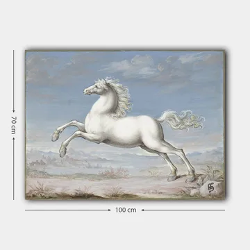 Canvastavla 70x100 cm - Vit häst som hoppar framåt i en naturskön landskapsmiljö - Vit / Ljusblå / Beige - Inredning - Tavlor & posters - Canvastavla