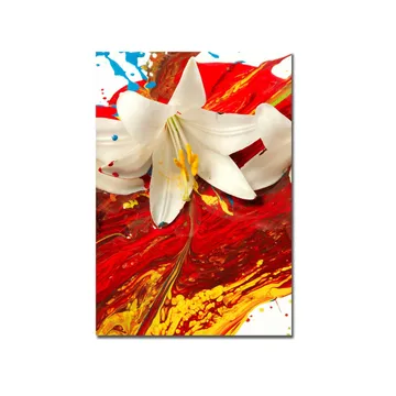 Canvastavla 70x100 cm - Vit lilja som framträder mot en bakgrund av intensiva röda och gula färger - Röd / Gul / Vit - Inredning - Tavlor & posters - Canvastavla