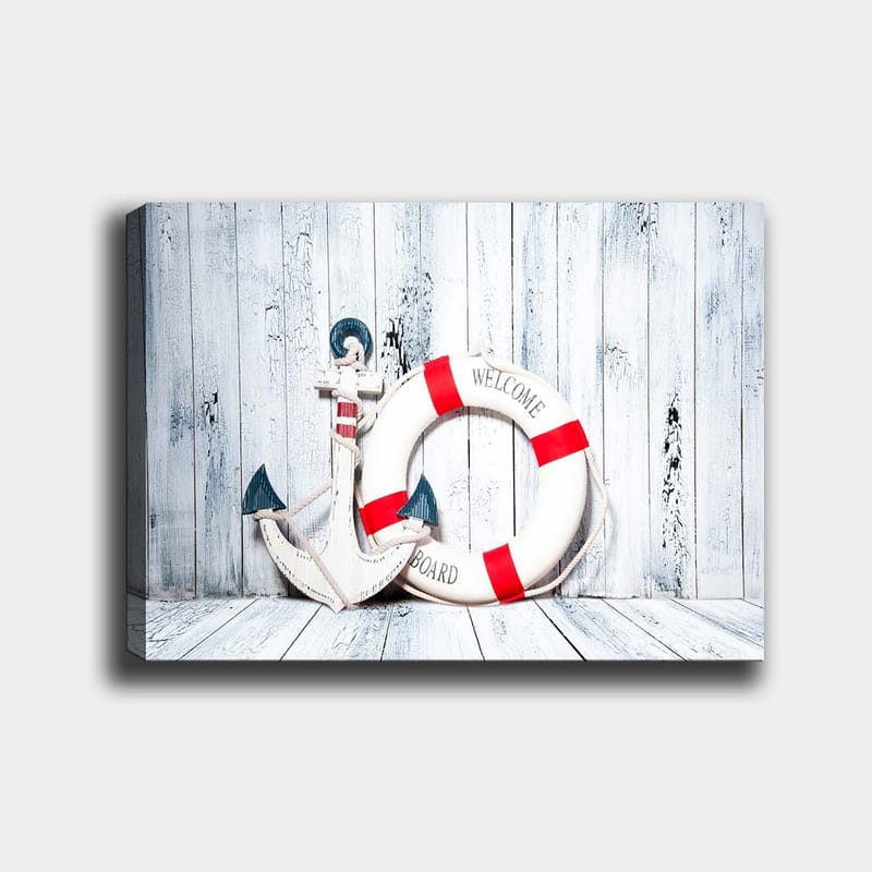 Canvastavla 70x100 cm - Vit livboj med röda detaljer och en ankarformad dekoration i marin stil - Vit / Röd / Blå - Inredning - Tavlor & posters - Canvastavla