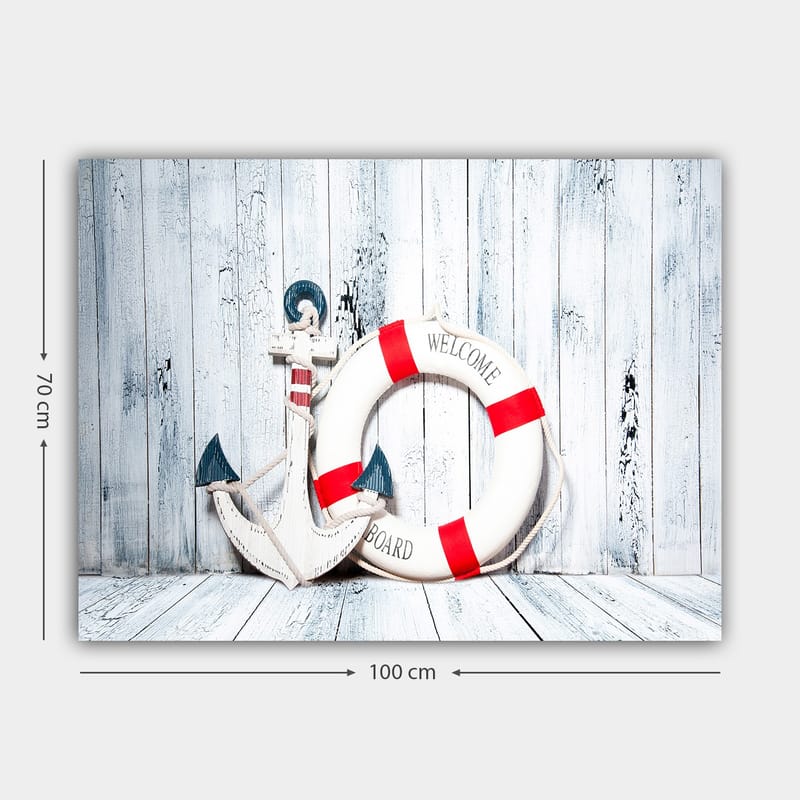 Canvastavla 70x100 cm - Vit livboj med röda detaljer och en ankarformad dekoration i marin stil - Vit / Röd / Blå - Inredning - Tavlor & posters - Canvastavla