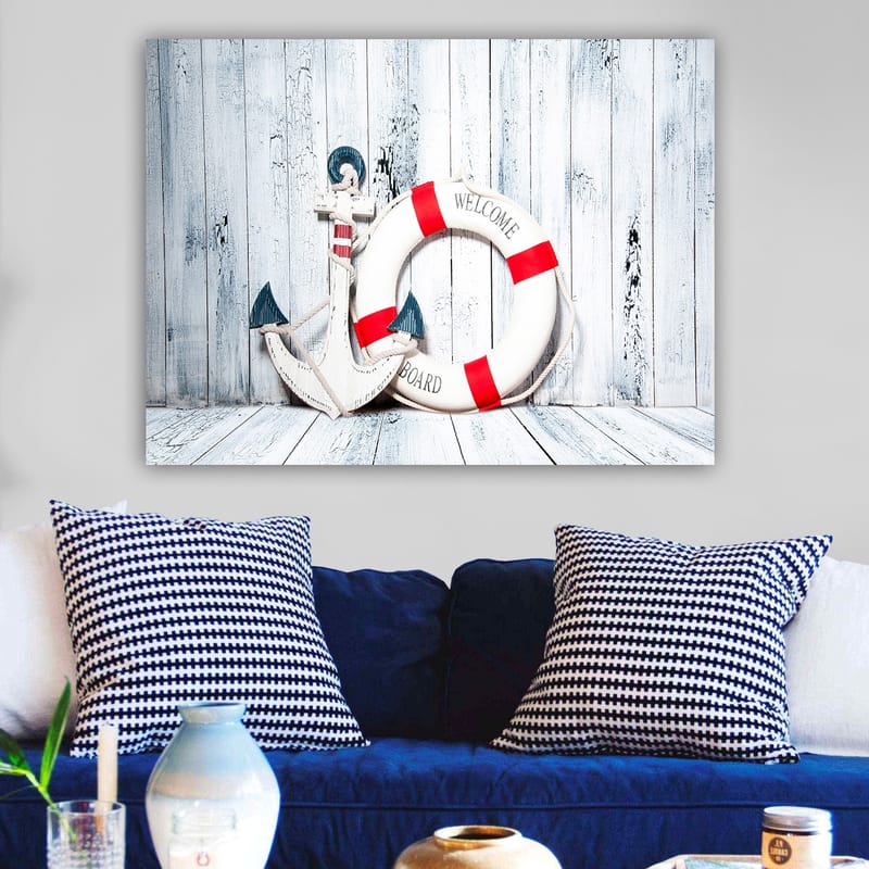 Canvastavla 70x100 cm - Vit livboj med röda detaljer och en ankarformad dekoration i marin stil - Vit / Röd / Blå - Inredning - Tavlor & posters - Canvastavla